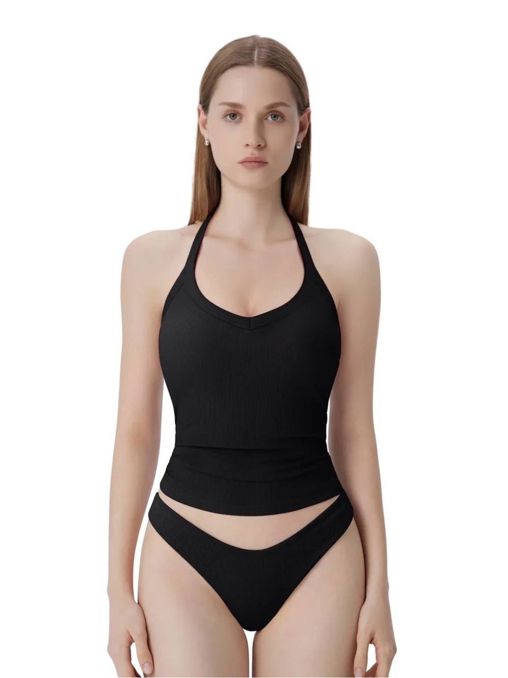 Suuksess  Ribbed V-Neck Halter Tank Top Black XL | Padded, Open Back